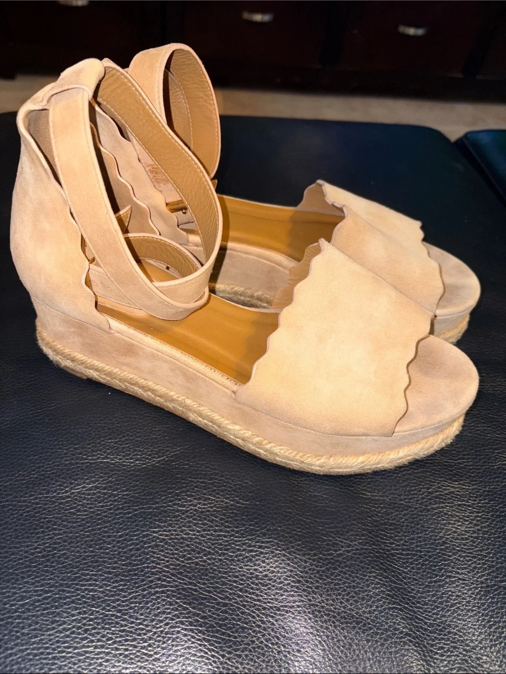 Chloe Beige Suede Scalloped Trim Lauren Ankle Wrap Flatform Espadrille Sandals